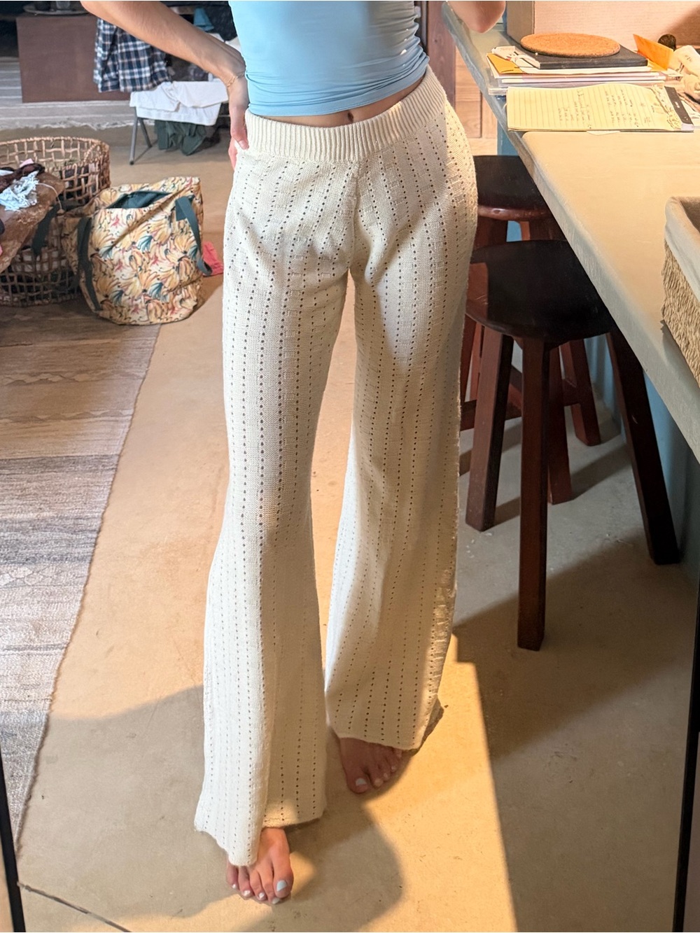 Together Cream Wide-Leg Eyelet Knit Pants